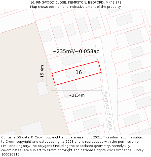 16, RINGWOOD CLOSE, KEMPSTON, BEDFORD, MK42 8PE: Plot and title map