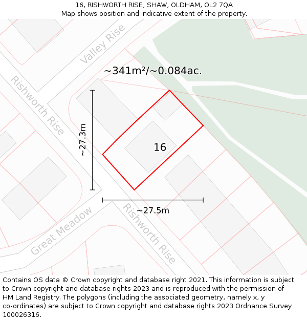 16, RISHWORTH RISE, SHAW, OLDHAM, OL2 7QA: Plot and title map