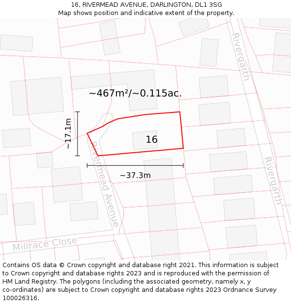 16, RIVERMEAD AVENUE, DARLINGTON, DL1 3SG: Plot and title map