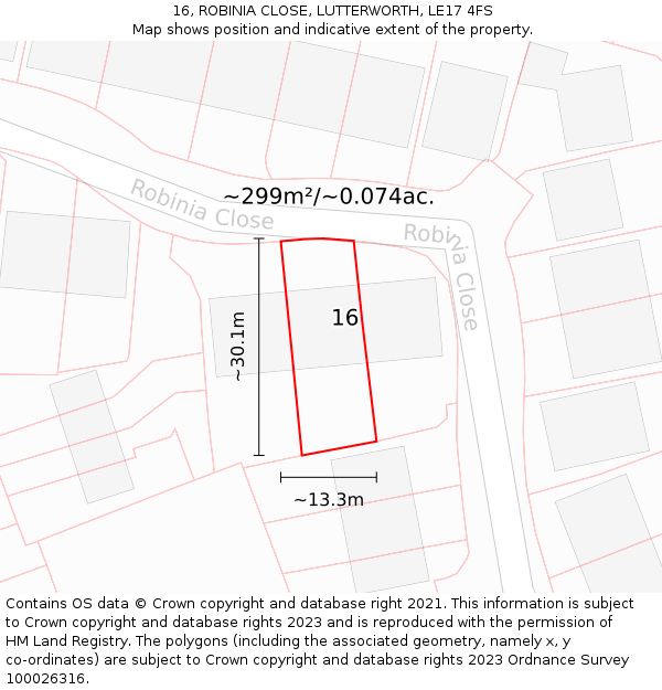16, ROBINIA CLOSE, LUTTERWORTH, LE17 4FS: Plot and title map