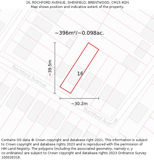 16, ROCHFORD AVENUE, SHENFIELD, BRENTWOOD, CM15 8QN: Plot and title map