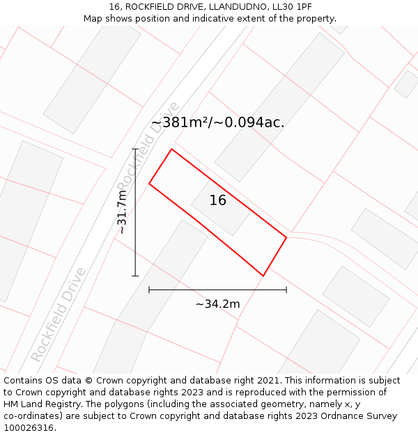 16, ROCKFIELD DRIVE, LLANDUDNO, LL30 1PF: Plot and title map