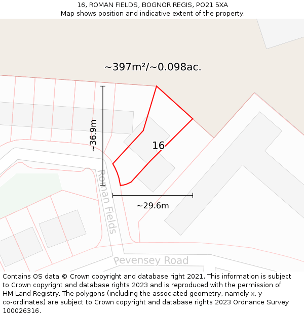 16, ROMAN FIELDS, BOGNOR REGIS, PO21 5XA: Plot and title map