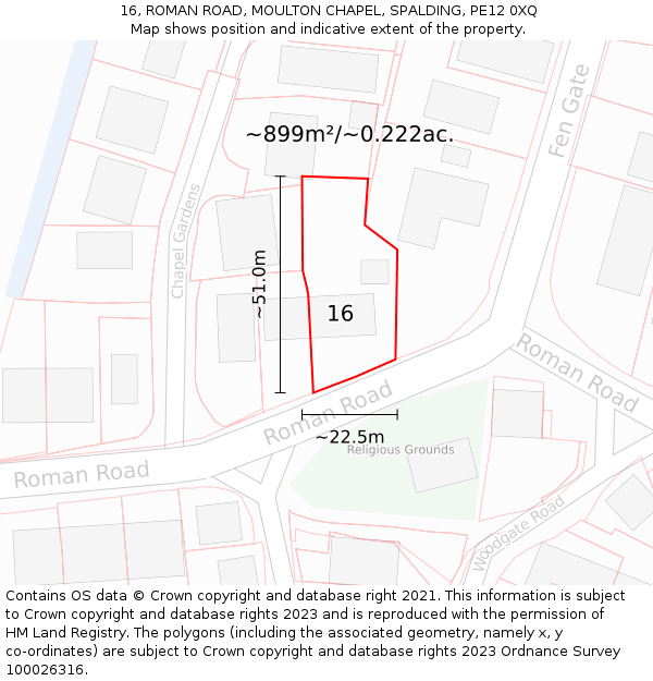 16, ROMAN ROAD, MOULTON CHAPEL, SPALDING, PE12 0XQ: Plot and title map