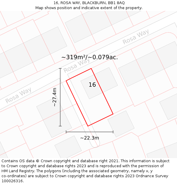 16, ROSA WAY, BLACKBURN, BB1 8AQ: Plot and title map