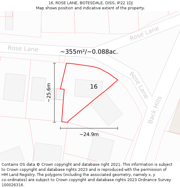 16, ROSE LANE, BOTESDALE, DISS, IP22 1DJ: Plot and title map