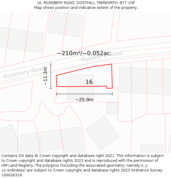 16, ROSEBERY ROAD, DOSTHILL, TAMWORTH, B77 1NF: Plot and title map