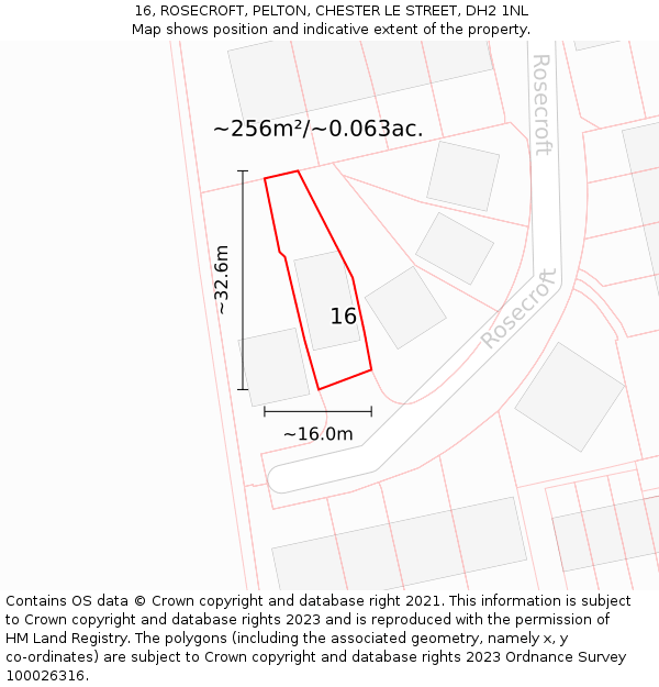 16, ROSECROFT, PELTON, CHESTER LE STREET, DH2 1NL: Plot and title map