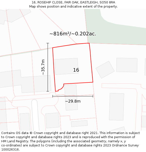 16, ROSEHIP CLOSE, FAIR OAK, EASTLEIGH, SO50 8RA: Plot and title map