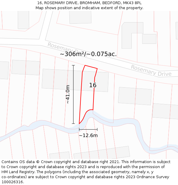 16, ROSEMARY DRIVE, BROMHAM, BEDFORD, MK43 8PL: Plot and title map