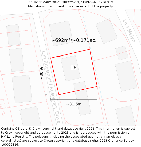 16, ROSEMARY DRIVE, TREGYNON, NEWTOWN, SY16 3EG: Plot and title map