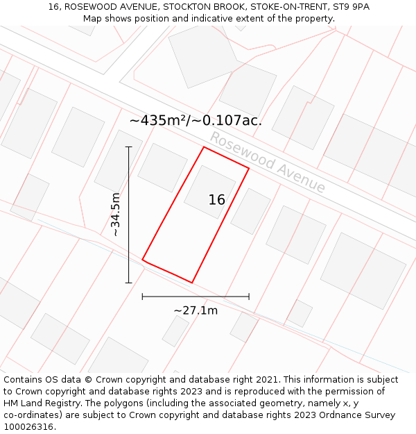 16, ROSEWOOD AVENUE, STOCKTON BROOK, STOKE-ON-TRENT, ST9 9PA: Plot and title map