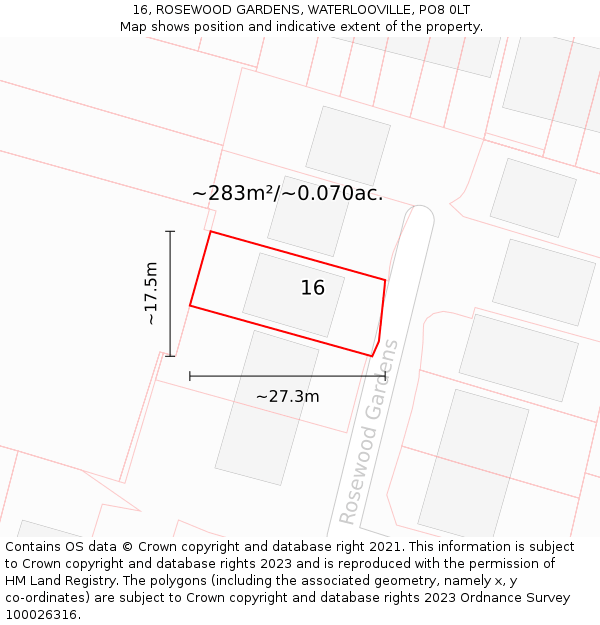 16, ROSEWOOD GARDENS, WATERLOOVILLE, PO8 0LT: Plot and title map