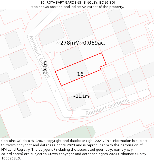 16, ROTHBART GARDENS, BINGLEY, BD16 3QJ: Plot and title map