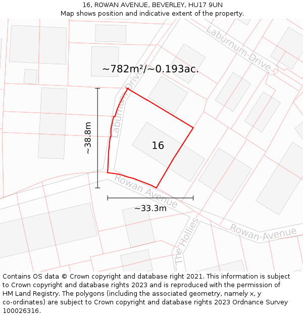 16, ROWAN AVENUE, BEVERLEY, HU17 9UN: Plot and title map