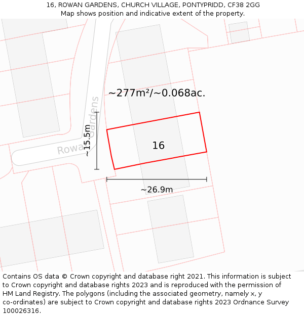 16, ROWAN GARDENS, CHURCH VILLAGE, PONTYPRIDD, CF38 2GG: Plot and title map