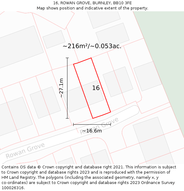 16, ROWAN GROVE, BURNLEY, BB10 3FE: Plot and title map