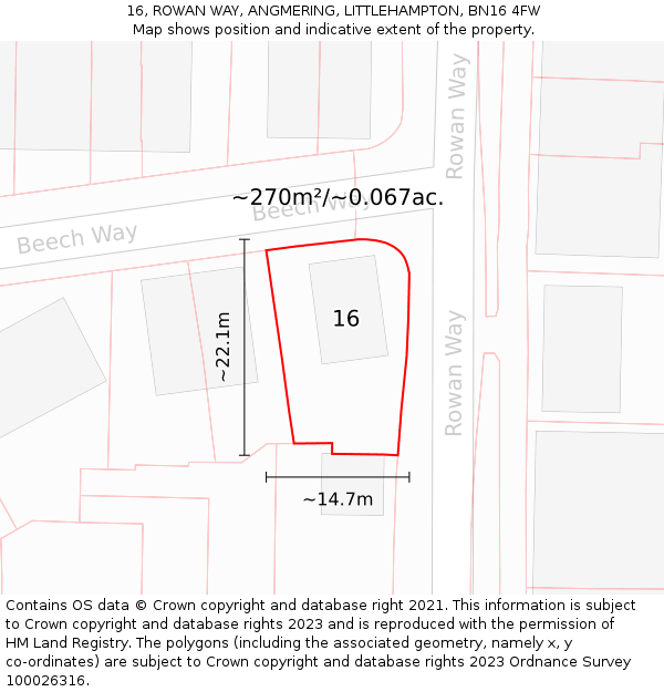 16, ROWAN WAY, ANGMERING, LITTLEHAMPTON, BN16 4FW: Plot and title map