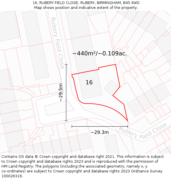 16, RUBERY FIELD CLOSE, RUBERY, BIRMINGHAM, B45 9WD: Plot and title map