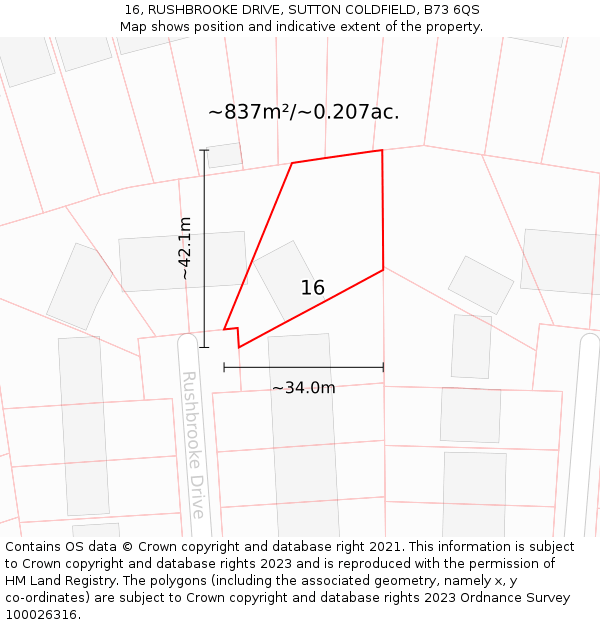 16, RUSHBROOKE DRIVE, SUTTON COLDFIELD, B73 6QS: Plot and title map