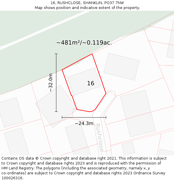 16, RUSHCLOSE, SHANKLIN, PO37 7NW: Plot and title map