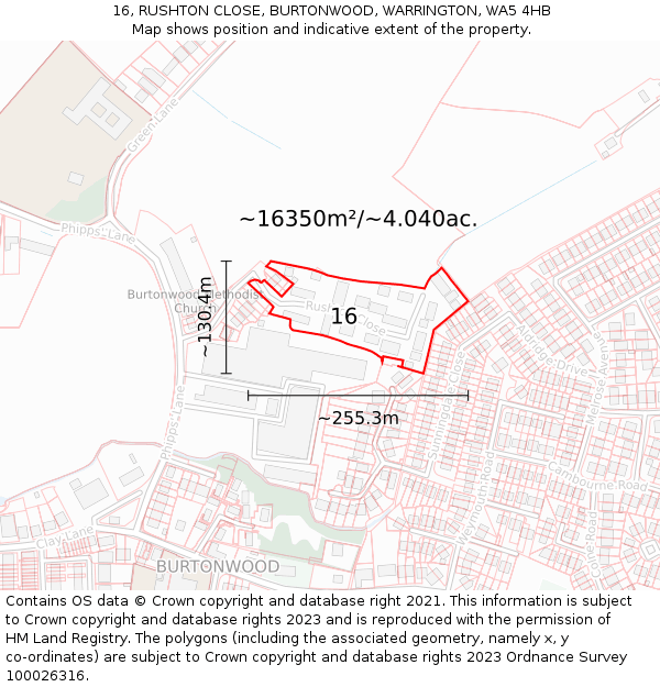 16, RUSHTON CLOSE, BURTONWOOD, WARRINGTON, WA5 4HB: Plot and title map