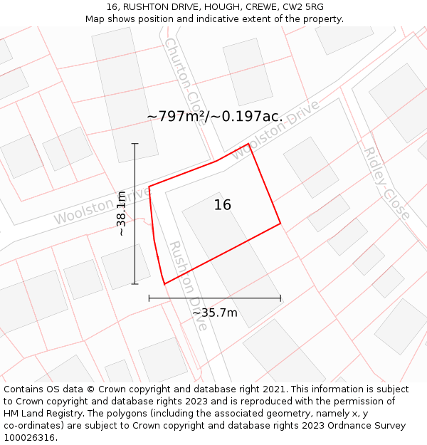 16, RUSHTON DRIVE, HOUGH, CREWE, CW2 5RG: Plot and title map