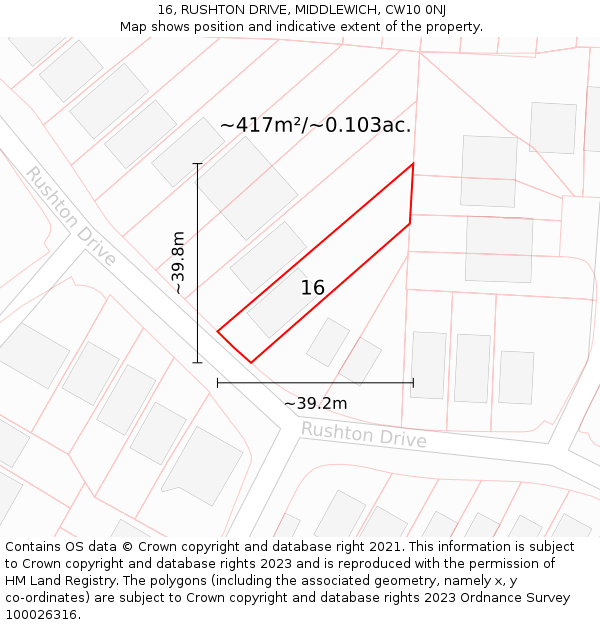 16, RUSHTON DRIVE, MIDDLEWICH, CW10 0NJ: Plot and title map