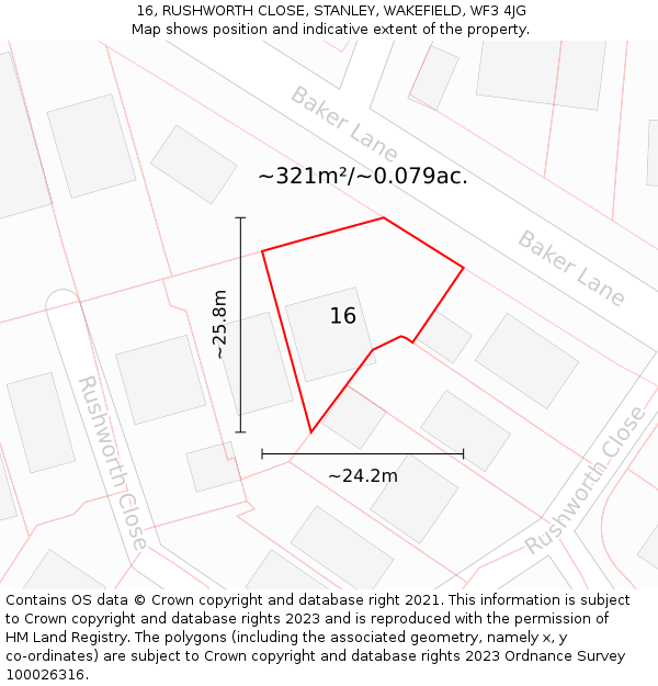 16, RUSHWORTH CLOSE, STANLEY, WAKEFIELD, WF3 4JG: Plot and title map