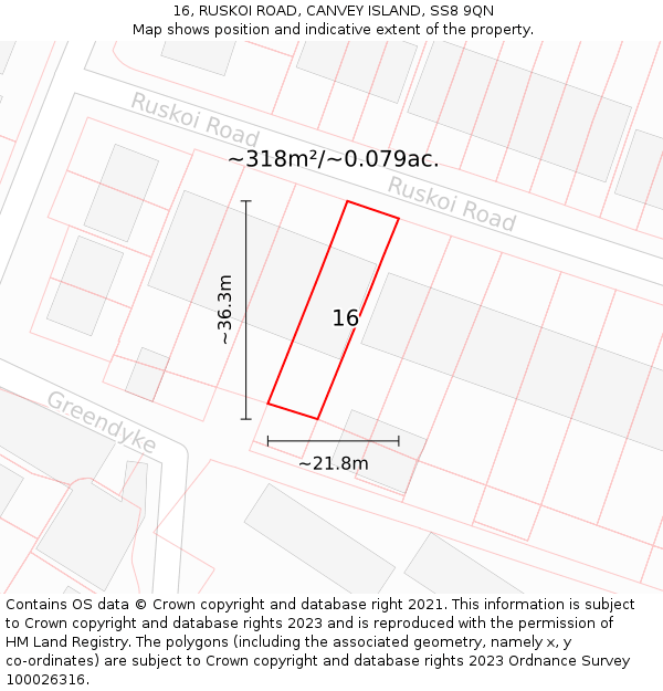 16, RUSKOI ROAD, CANVEY ISLAND, SS8 9QN: Plot and title map