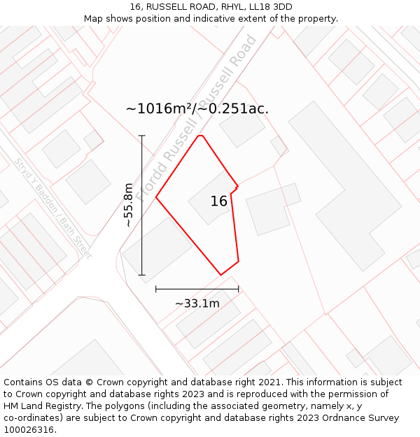 16, RUSSELL ROAD, RHYL, LL18 3DD: Plot and title map