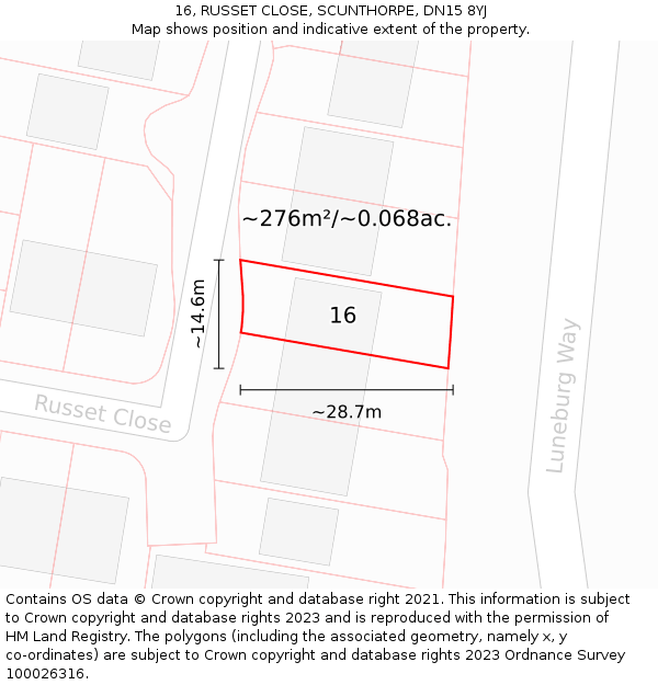 16, RUSSET CLOSE, SCUNTHORPE, DN15 8YJ: Plot and title map