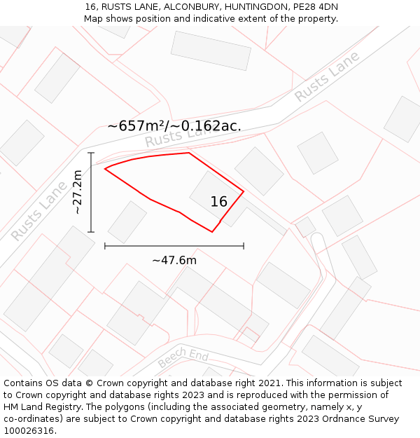 16, RUSTS LANE, ALCONBURY, HUNTINGDON, PE28 4DN: Plot and title map