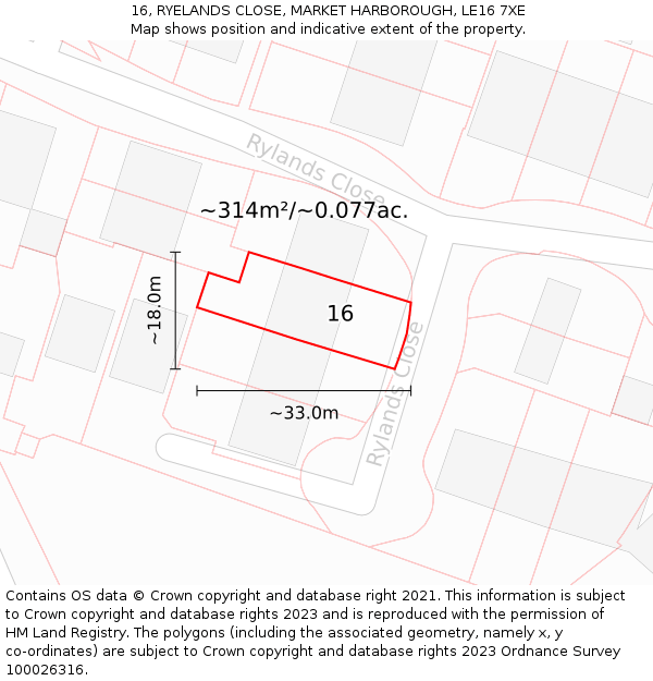 16, RYELANDS CLOSE, MARKET HARBOROUGH, LE16 7XE: Plot and title map