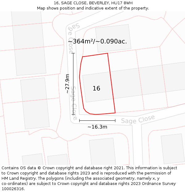 16, SAGE CLOSE, BEVERLEY, HU17 8WH: Plot and title map