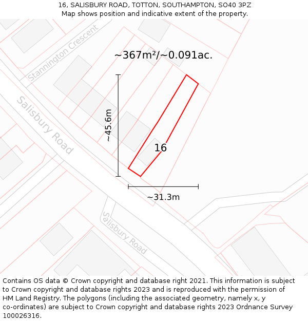 16, SALISBURY ROAD, TOTTON, SOUTHAMPTON, SO40 3PZ: Plot and title map