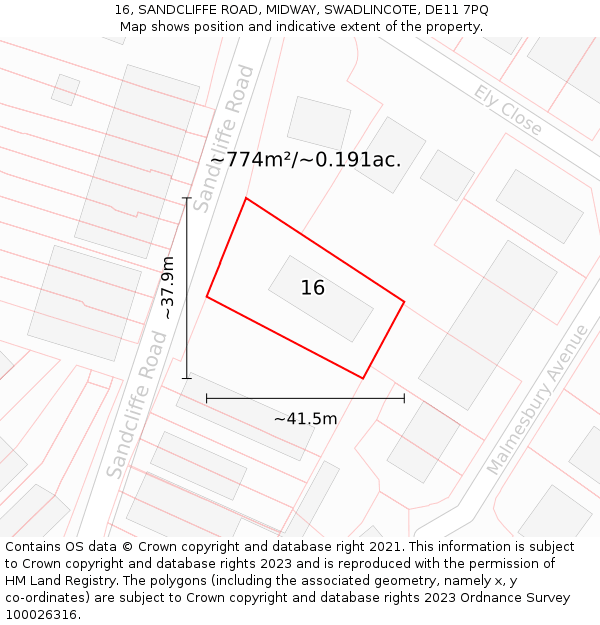 16, SANDCLIFFE ROAD, MIDWAY, SWADLINCOTE, DE11 7PQ: Plot and title map