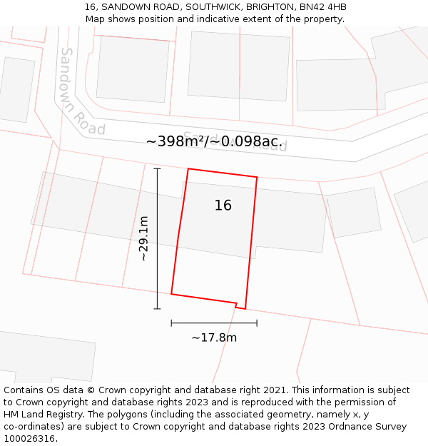 16, SANDOWN ROAD, SOUTHWICK, BRIGHTON, BN42 4HB: Plot and title map