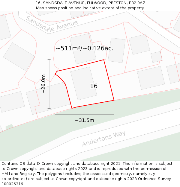 16, SANDSDALE AVENUE, FULWOOD, PRESTON, PR2 9AZ: Plot and title map