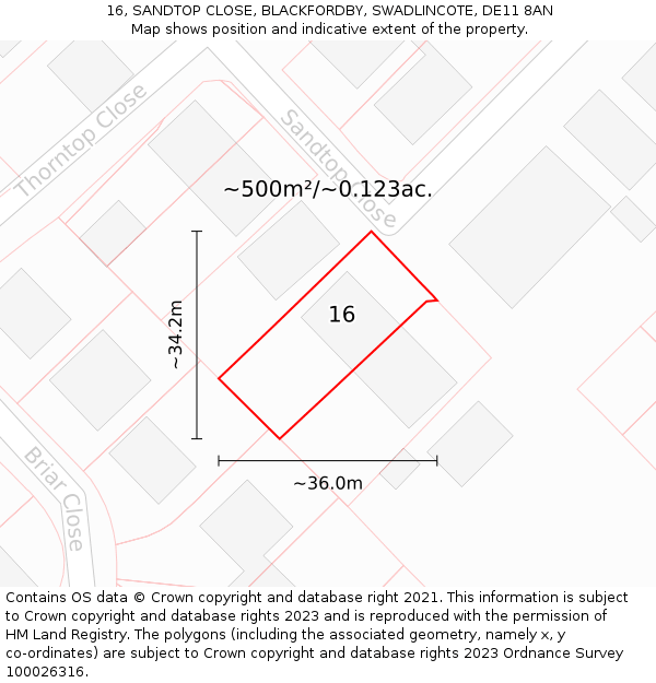 16, SANDTOP CLOSE, BLACKFORDBY, SWADLINCOTE, DE11 8AN: Plot and title map
