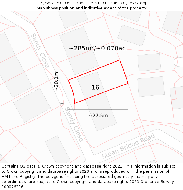 16, SANDY CLOSE, BRADLEY STOKE, BRISTOL, BS32 8AJ: Plot and title map
