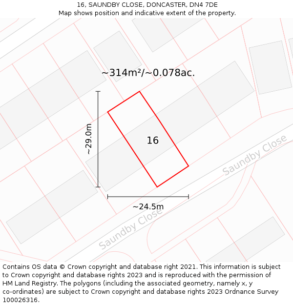 16, SAUNDBY CLOSE, DONCASTER, DN4 7DE: Plot and title map