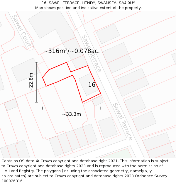 16, SAWEL TERRACE, HENDY, SWANSEA, SA4 0UY: Plot and title map