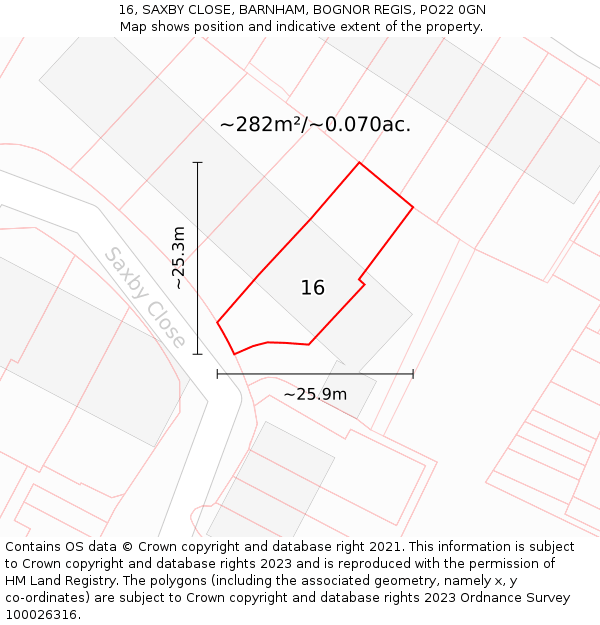 16, SAXBY CLOSE, BARNHAM, BOGNOR REGIS, PO22 0GN: Plot and title map