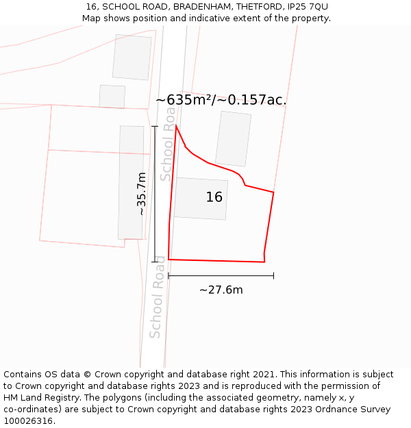 16, SCHOOL ROAD, BRADENHAM, THETFORD, IP25 7QU: Plot and title map