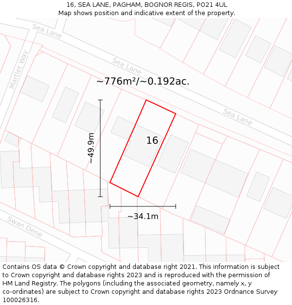 16, SEA LANE, PAGHAM, BOGNOR REGIS, PO21 4UL: Plot and title map