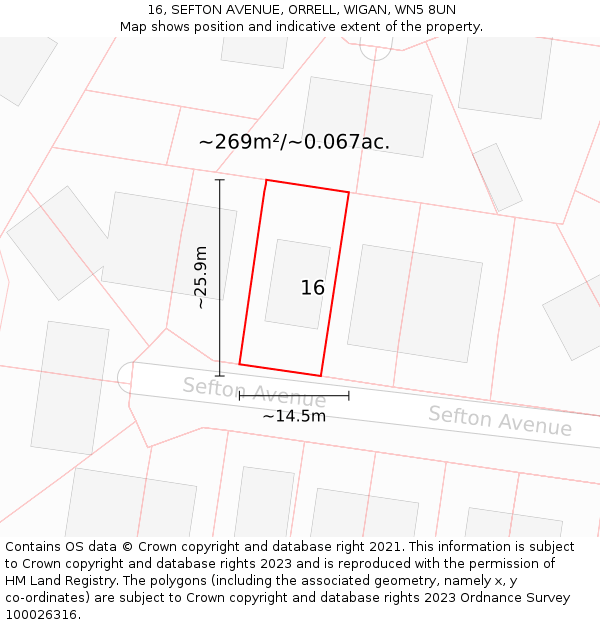 16, SEFTON AVENUE, ORRELL, WIGAN, WN5 8UN: Plot and title map