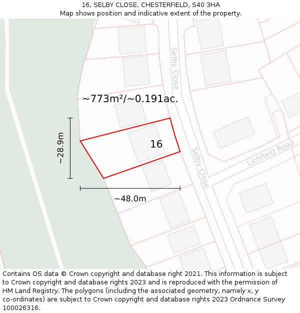 16, SELBY CLOSE, CHESTERFIELD, S40 3HA: Plot and title map