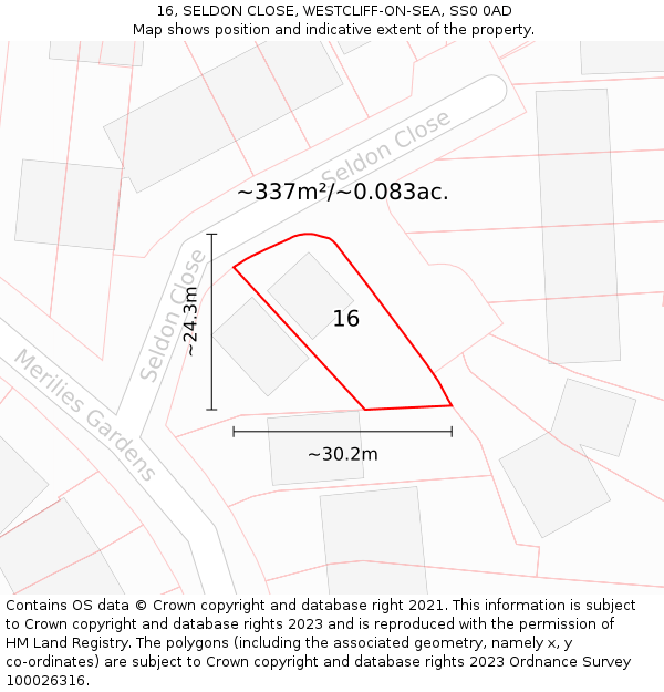 16, SELDON CLOSE, WESTCLIFF-ON-SEA, SS0 0AD: Plot and title map