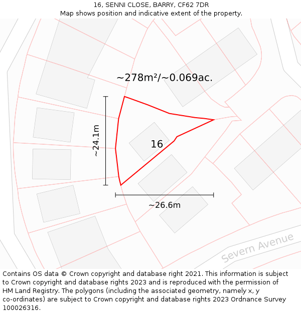 16, SENNI CLOSE, BARRY, CF62 7DR: Plot and title map